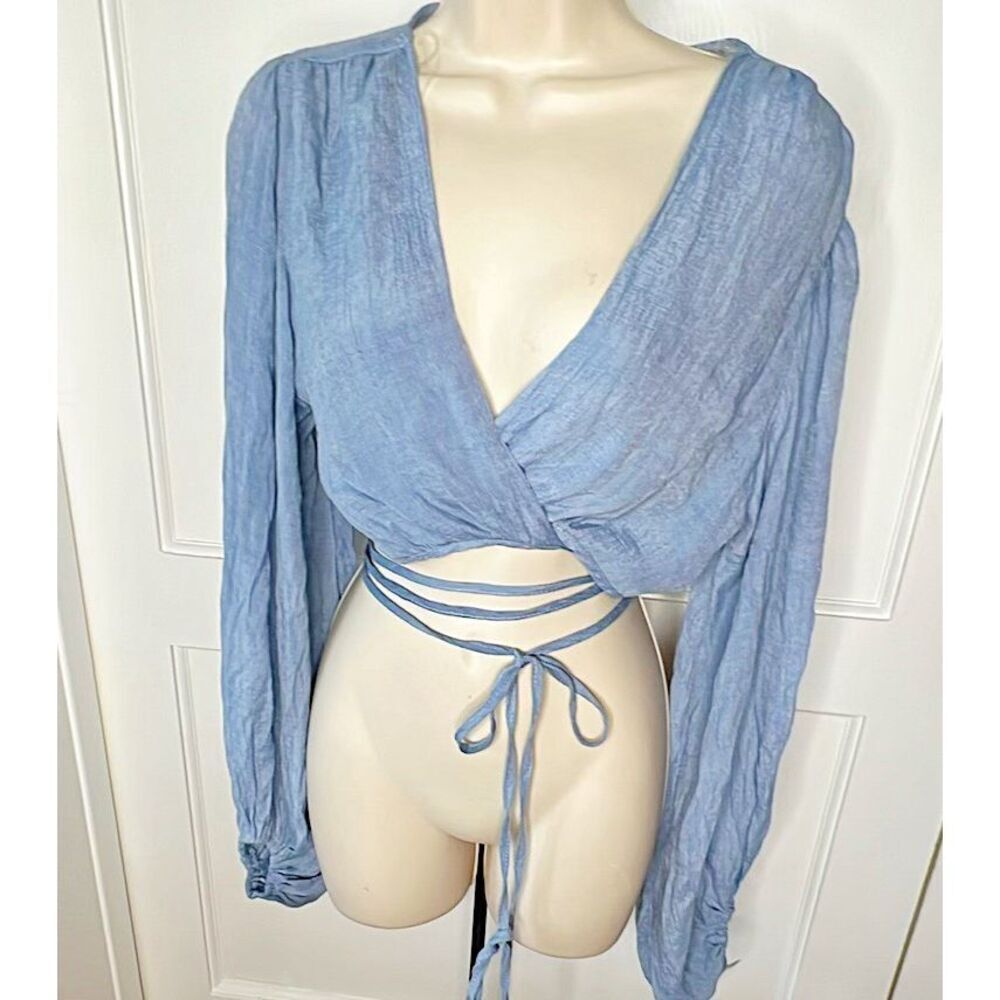 Miou Muse Cropped Wrap Top Blue Size Medium